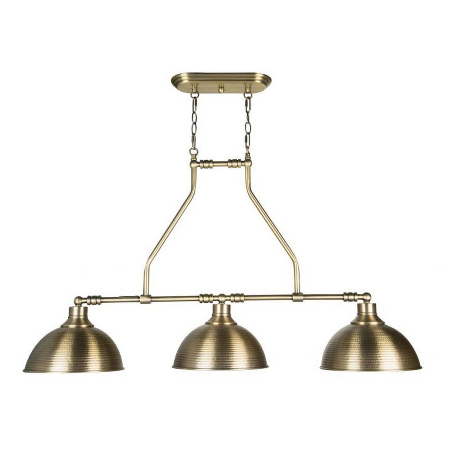 Craftmade Timarron 43" 3-Light Legacy Brass Kitchen Island Light With Hammered Metal Shades