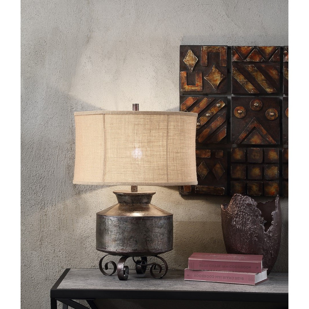 Crestview Collection Ashland 27" Rustic Resin And Metal Table Lamp In Rusted Finish With Burlap Shade