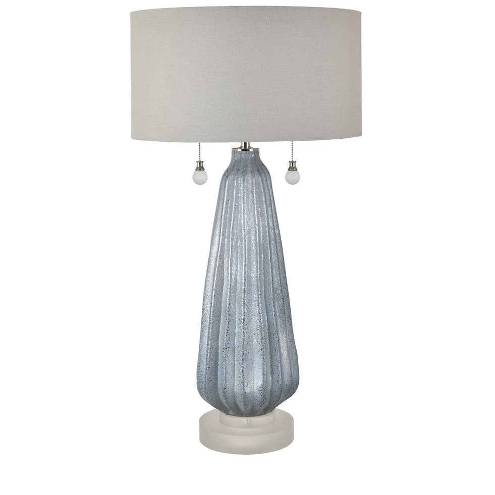 Crestview Collection Blakely 32" Transitional Glass And Crystal Twin Pull Chain Table Lamp In Icy Blue Carved Glass And Sandblasted Crystal Finish With Drum Silver Linen Shade