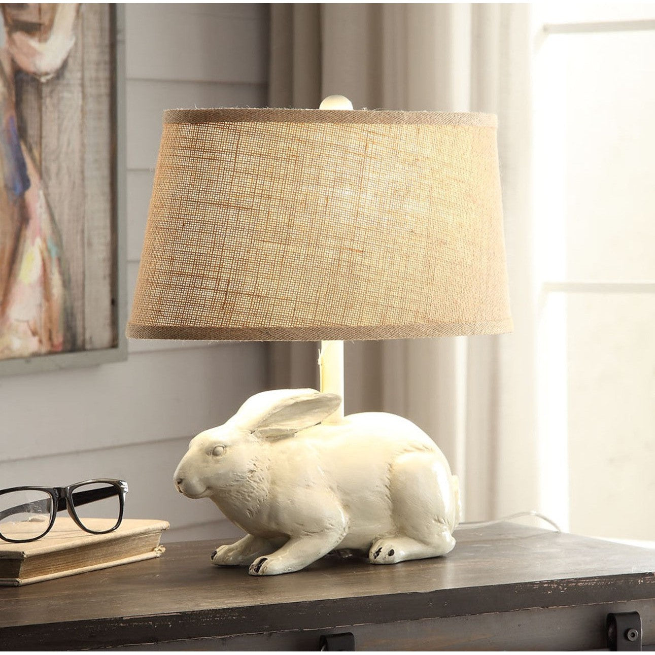 Crestview Collection Bunny 17" Rustic Resin Table Lamp In French White Ceramic Finish With Burlap Shade