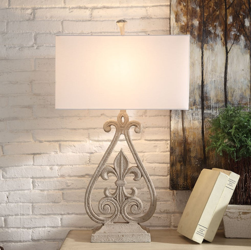 Crestview Collection Fleur De Lis 31" Traditional Resin Table Lamp In Antique White Finish With White Linen Shade