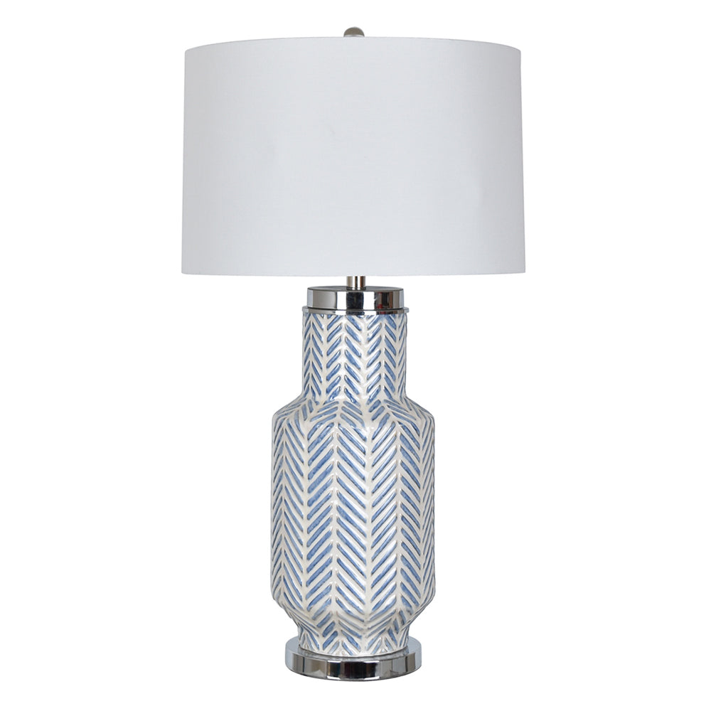 Crestview Collection Fullbright 34" Transitional Ceramic And Metal Table Lamp In Blue White And Chrome Finish With White Linen Shade