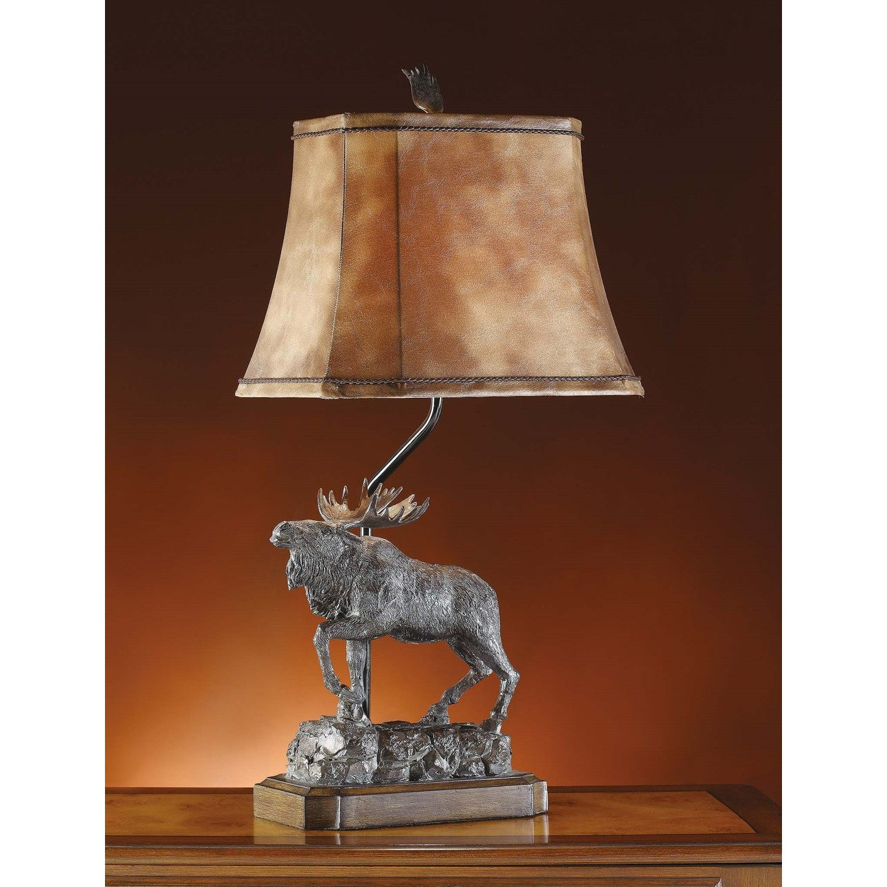Crestview Collection Majestic 32" Rustic Resin Table Lamp In Verdi Bronze And Wood Finish With Aged Faux Leather Shade