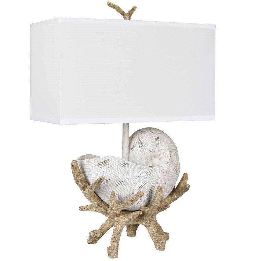 Crestview Collection Sleeping Shell 27" Coastal Resin Table Lamp In Antique White And Rusty Wood Finish With Rectangle White Linen Shade