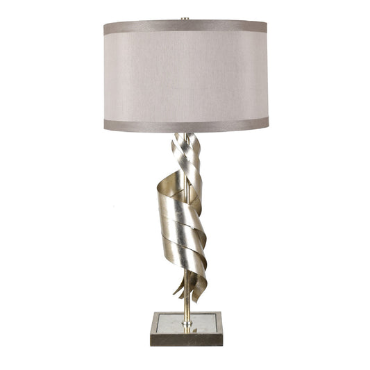 Crestview Collection Thea 32" Transitional Steel And Mirror Triple Swirl Table Lamp In Silver Leaf And Antique Mirror With Champagne Faux Silk Shade