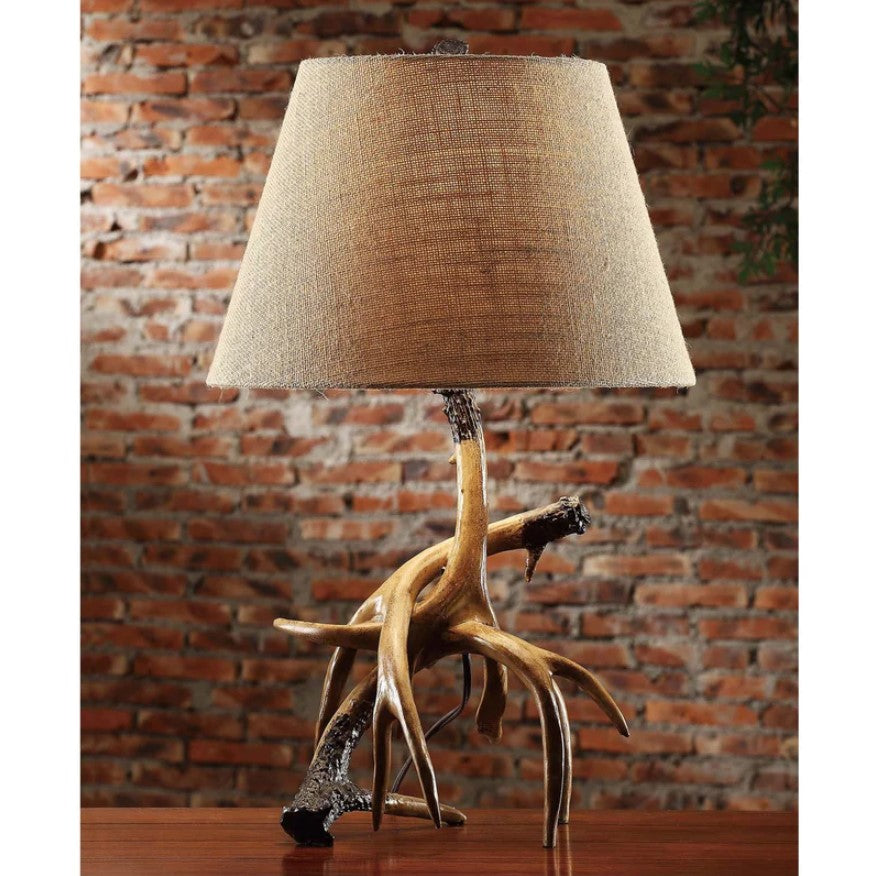 Crestview Collection Trophy 28" Rustic Resin Table Lamp In Natural Antler Finish With Burlap Shade