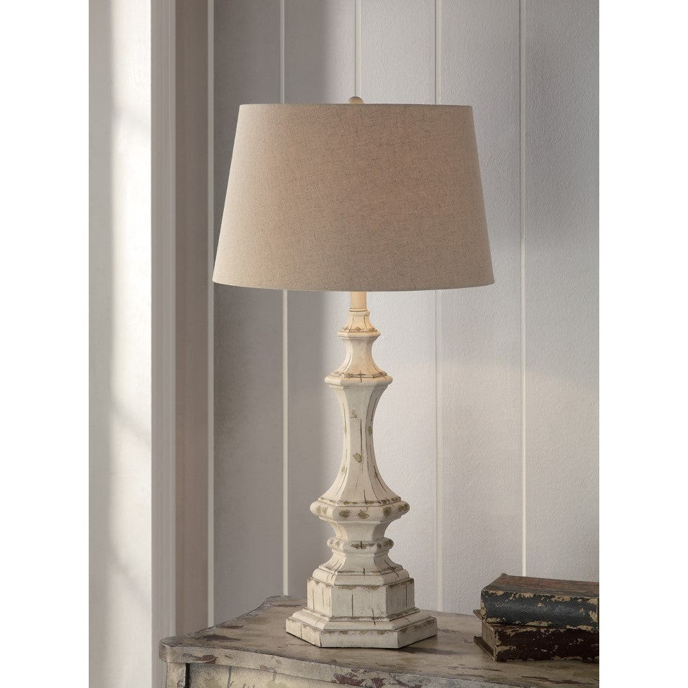 Crestview Collection Wooden Column 34" Traditional Resin Table Lamp In White Wash Finish With Natural Linen Shade