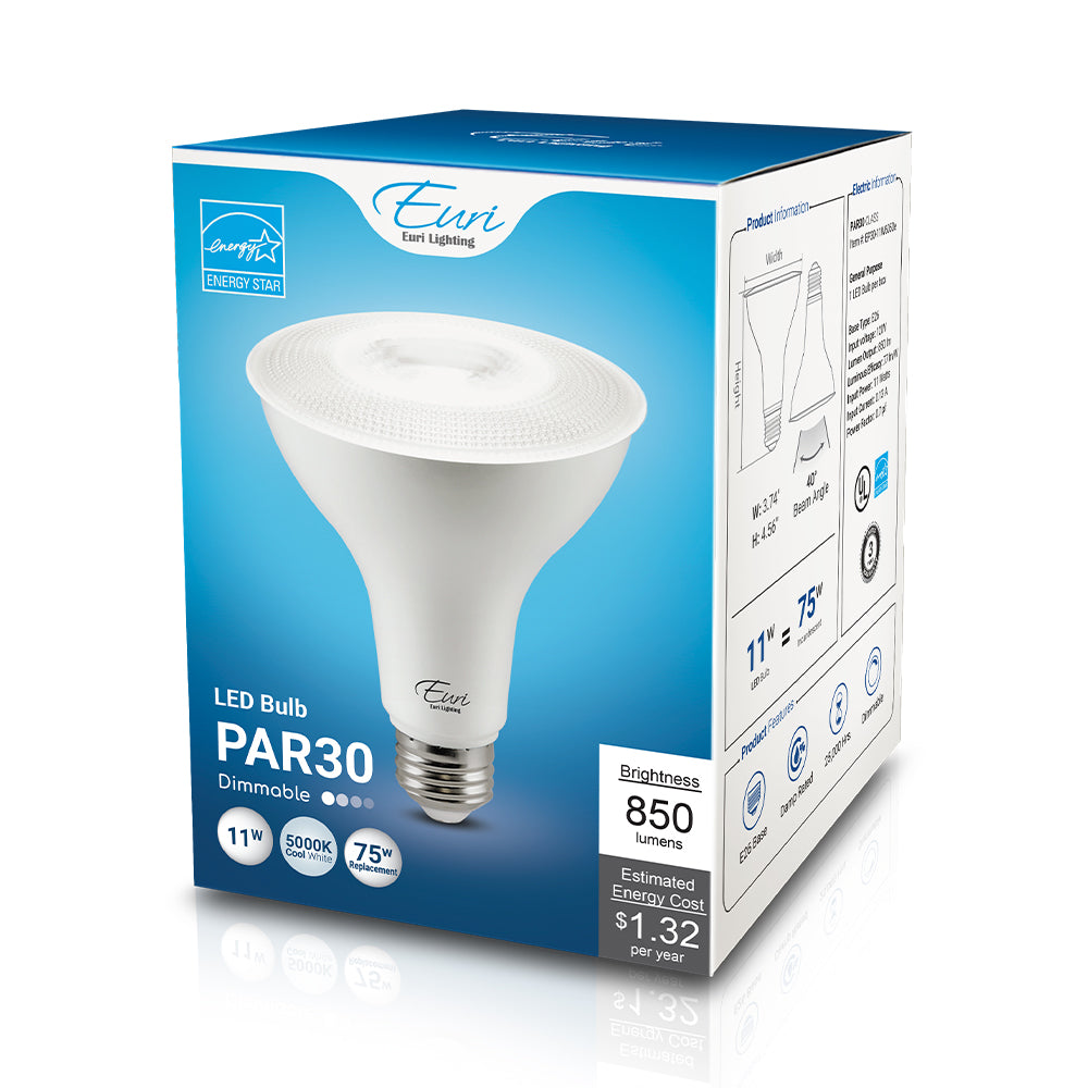 Euri Lighting 11W Dimmable 5000K Long Neck Halogen Look LED Wide Spot Bulb