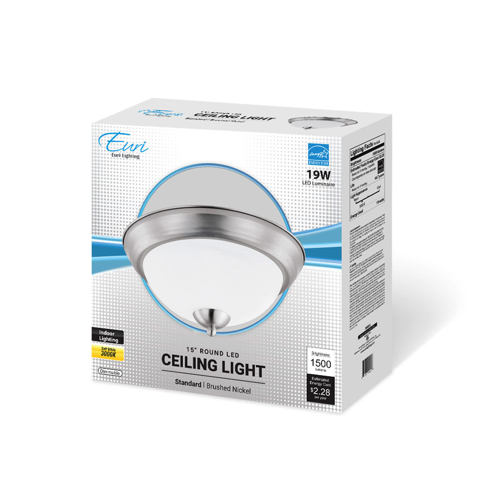 Euri Lighting 15" Dimmable Brushed Nickel Bezel Ceiling Light With Acid-Etched Glass Lens