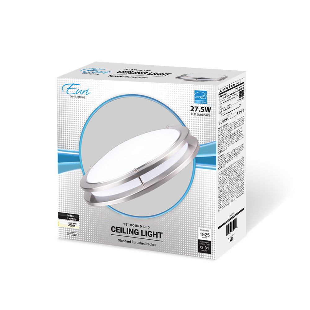 Euri Lighting 15" Dimmable Brushed Nickel Double Ringed Recessed Ceiling Light With Frosted Plastic Lens