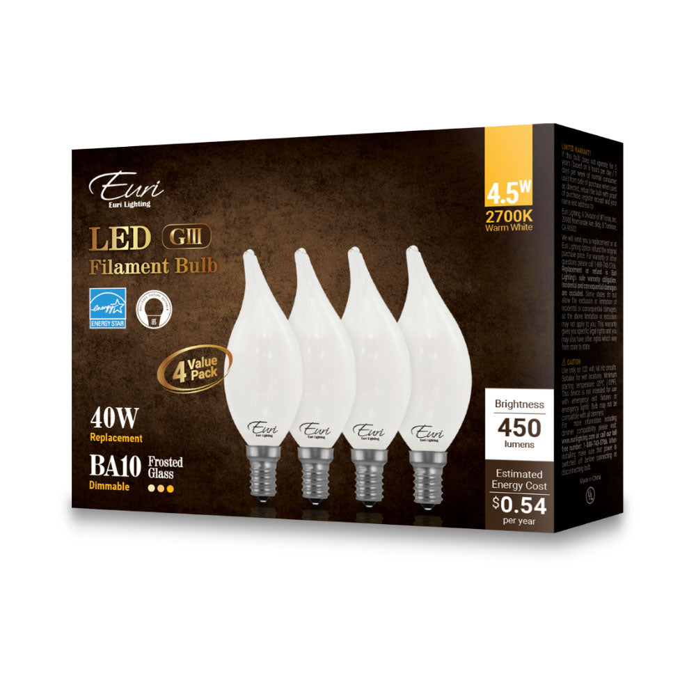 Euri Lighting 5W Omni-Directional Dimmable 2700K Angular Candle Shape LED 4-Piece Filament Bulb Value Pack With Frosted Glass Body