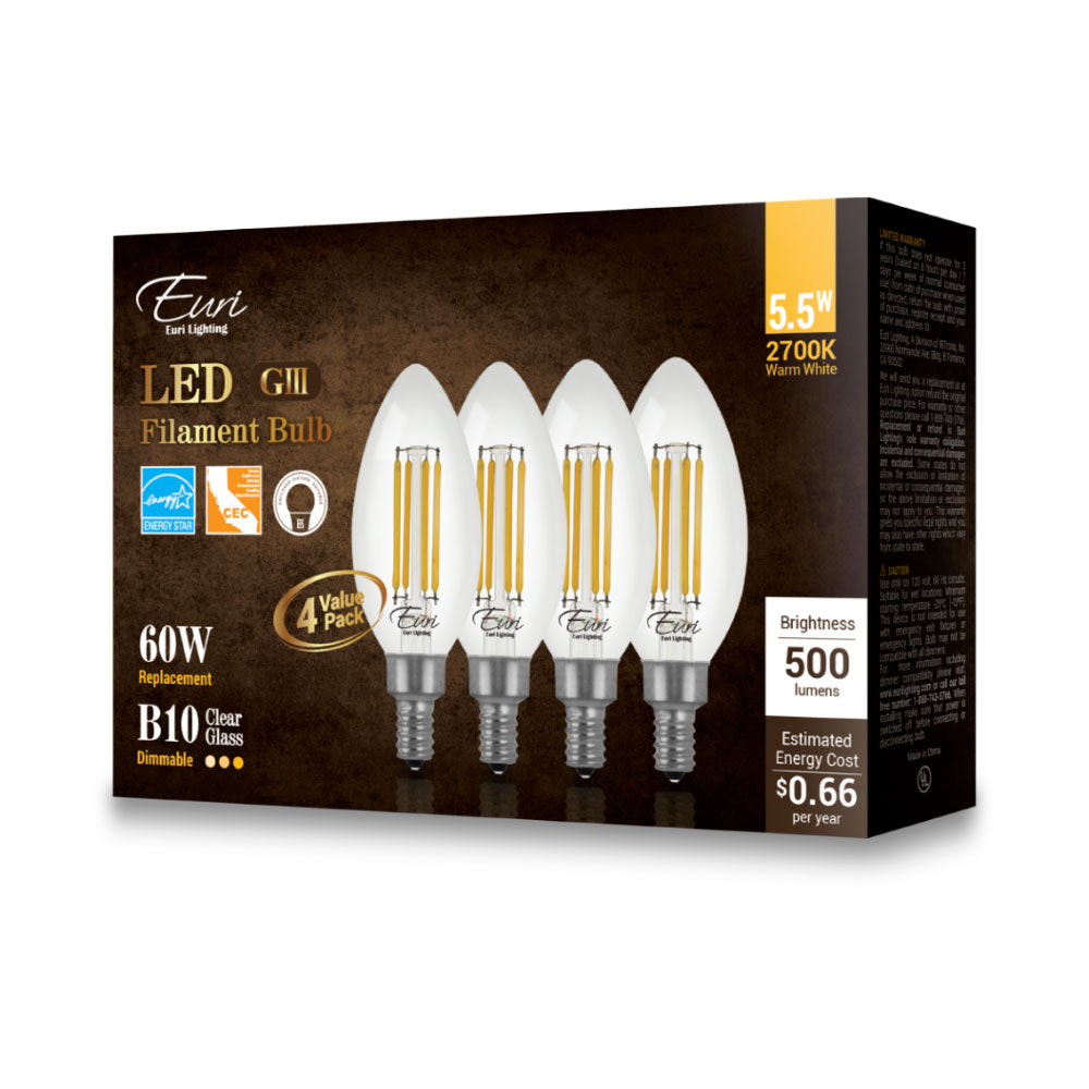 Euri Lighting 6W Omni-Directional Dimmable 2700K Candle Shape LED 4-Piece Filament Bulb Value Pack With Clear Glass Body