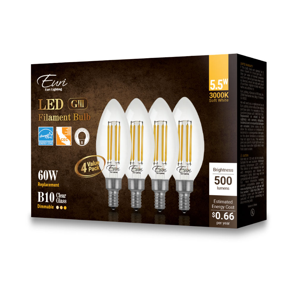 Euri Lighting 6W Omni-Directional Dimmable 3000K Candle Shape LED 4-Piece Filament Bulb Value Pack With Clear Glass Body