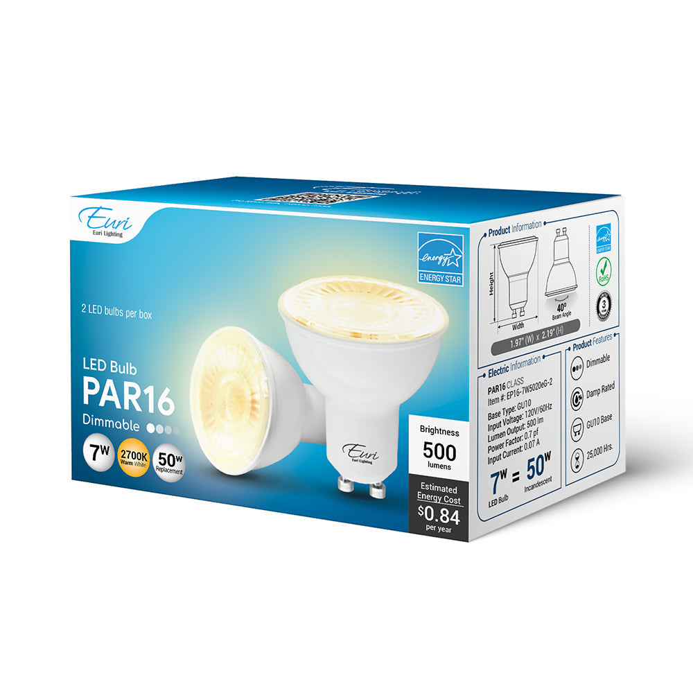 Euri Lighting 7W Dimmable 2700K LED 2-Piece Wide Spot Bulb Value Pack