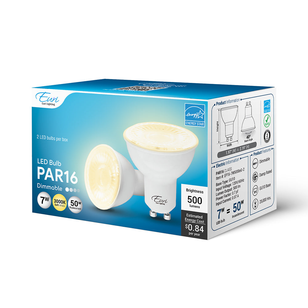 Euri Lighting 7W Dimmable 3000K LED 2-Piece Wide Spot Bulb Value Pack