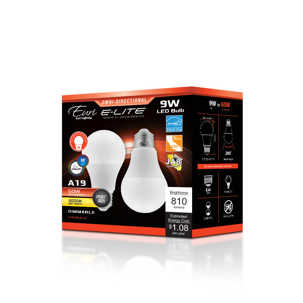 Euri Lighting 9W Omni-Directional Dimmable 3000K LED Bulb 2-Piece Value Pack