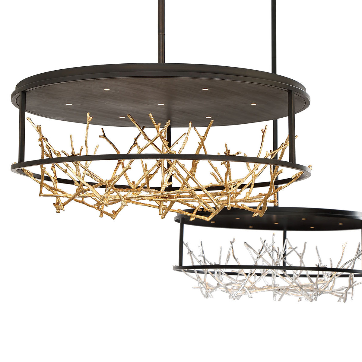 Eurofase Lighting Aerie 30" 7-Light Dimmable Integrated LED Round Bronze Open-Cage Framed Chandelier With Gold Free-Flowing Gilded Branch Accents
