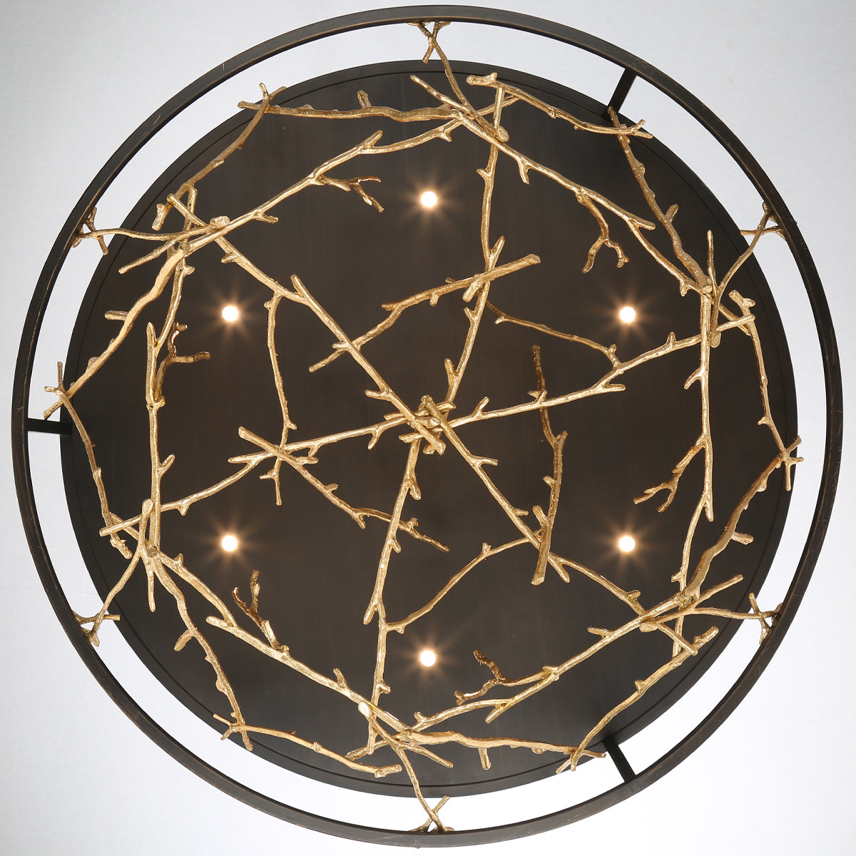 Eurofase Lighting Aerie 30" 7-Light Dimmable Integrated LED Round Bronze Open-Cage Framed Chandelier With Gold Free-Flowing Gilded Branch Accents