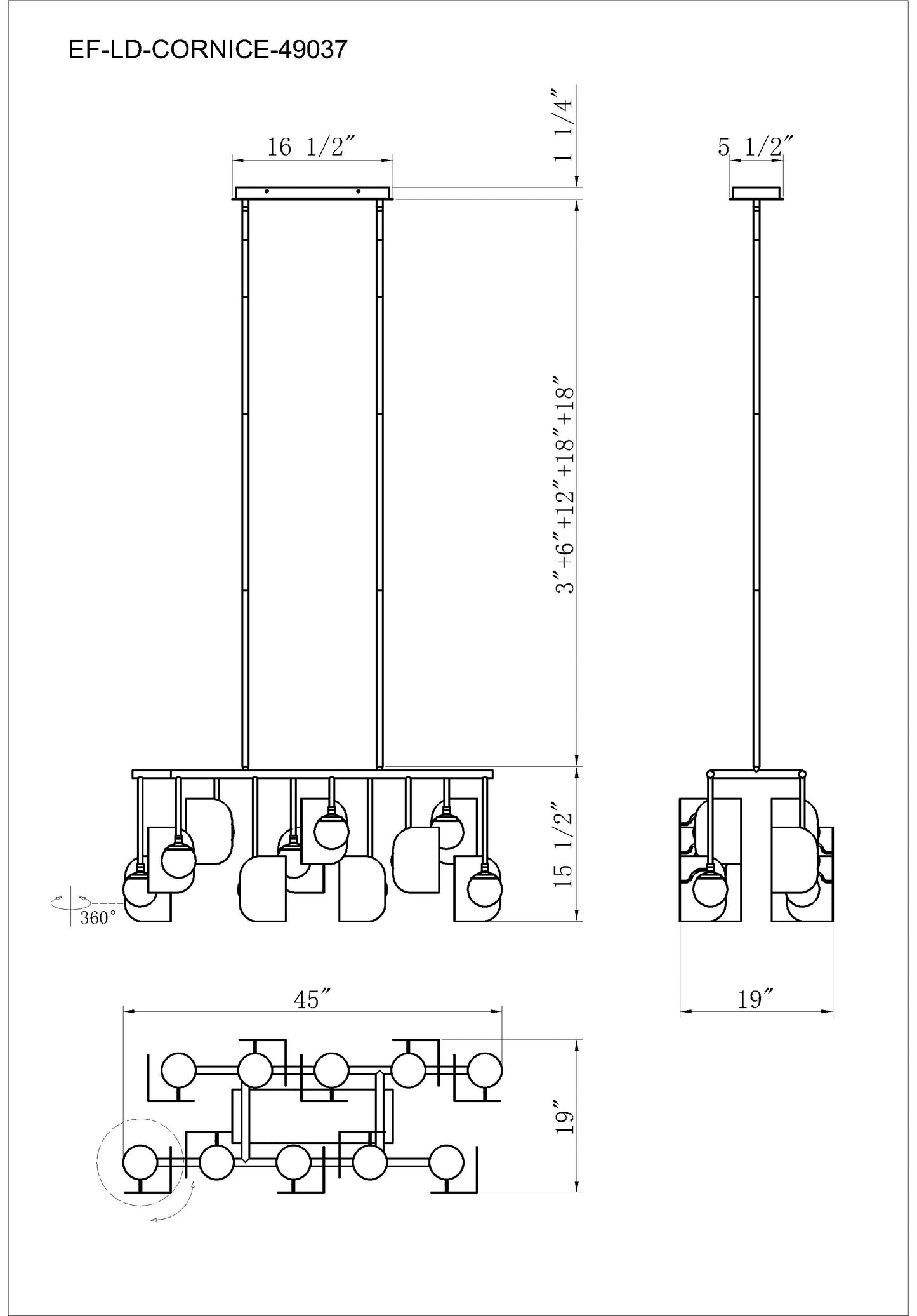Eurofase Lighting Cornice 45" 10-Light Integrated LED Glass Shade Gold and Black Steel Linear Chandelier