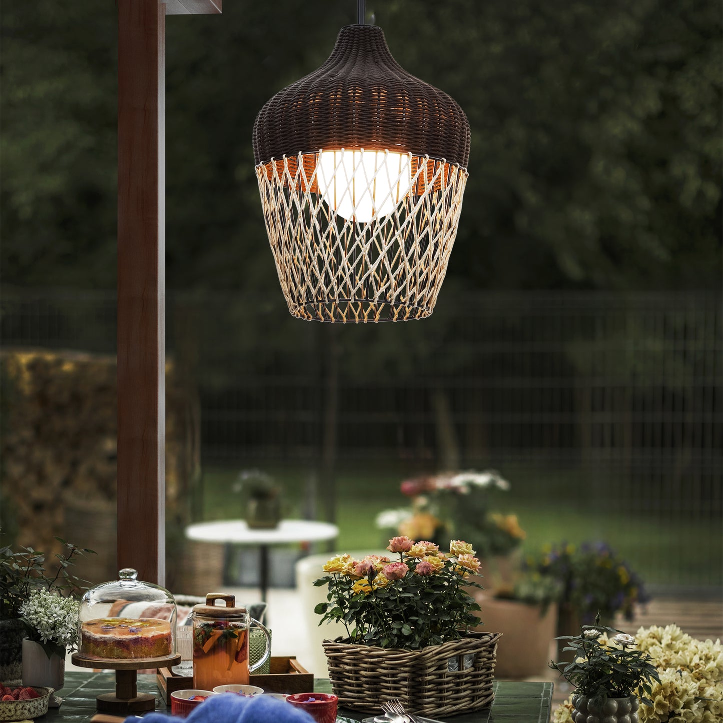 Eurofase Lighting Hannha 23" 1-Light Brown Rope Shade Matte Black Pet Weave Outdoor Pendant Light