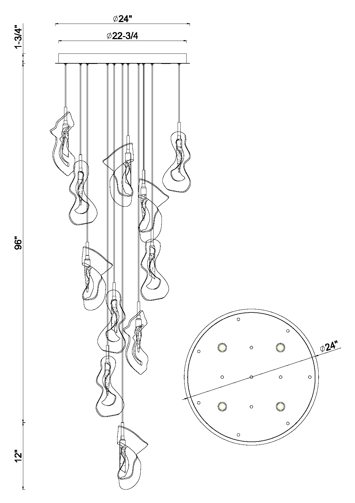 Eurofase Lighting Norah 24" 12-Light Integrated LED Glass Shade Polished Nickel Steel Multi-Drop Chandelier