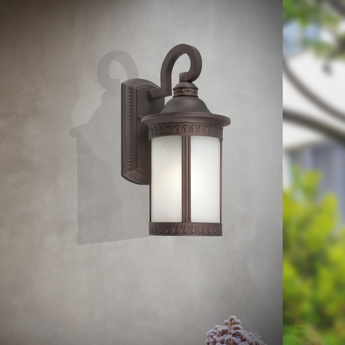 Forte Lighting Bourne 8" 1-Light Aluminum Antique Bronze Outdoor Wall Light With Frosted Seeded Glass Panel Shade