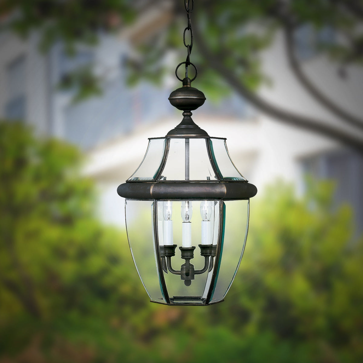 Forte Lighting Cambridge 12" 3-Light Brass Royal Bronze Outdoor Pendant With Clear Beveled Glass Panel Shade