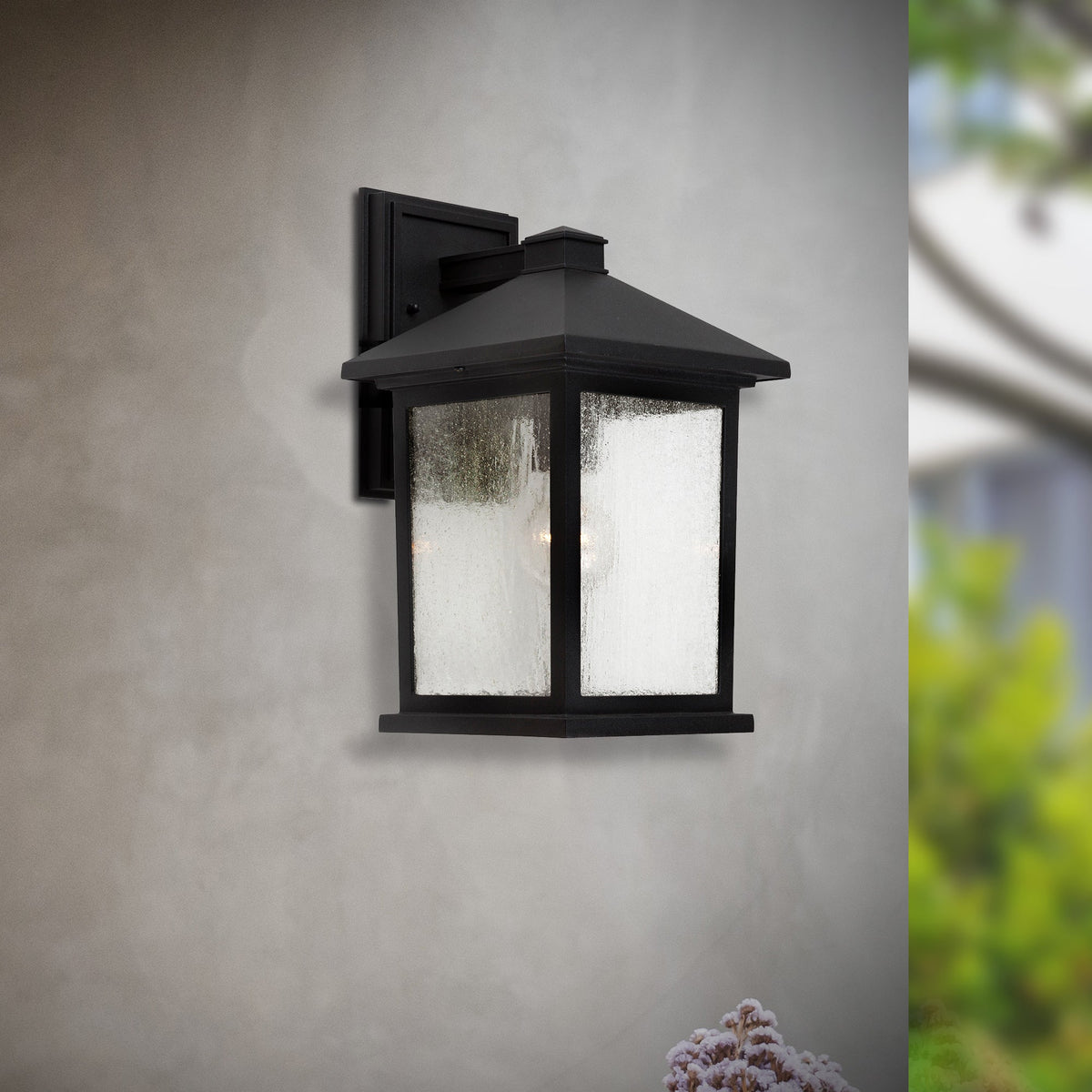 Forte Lighting Cardiff 8" Die Cast Aluminum Black Outdoor Wall Light With Clear Seeded Glass Panels Shade