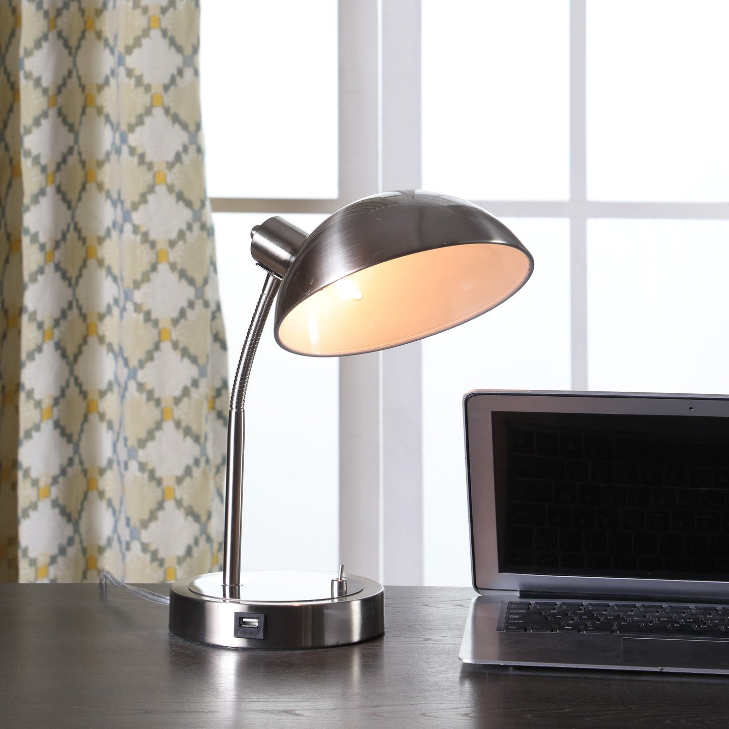 HomeRoots 14” Modern Adjustable Metal Desk Lamp With USB in Silver Finish