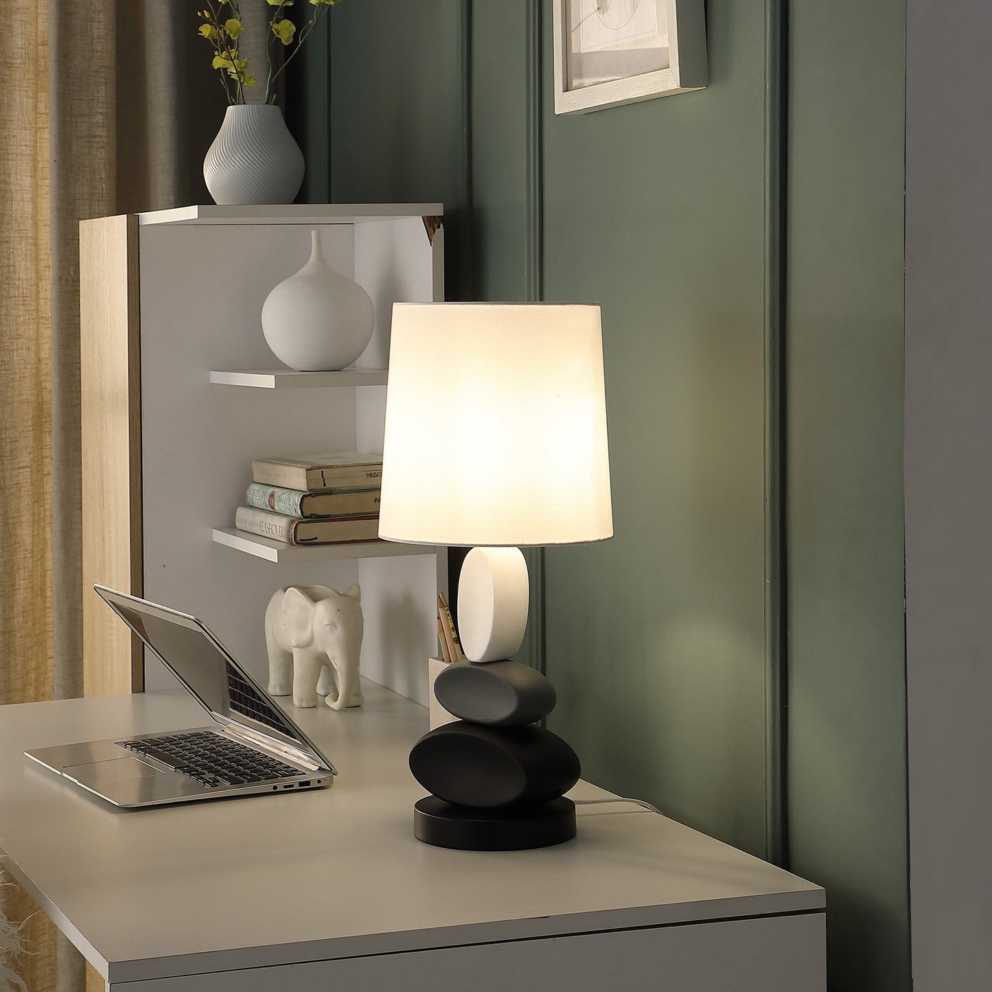 HomeRoots 19” Geo Stone Stack Metal Table With White Empire Shade