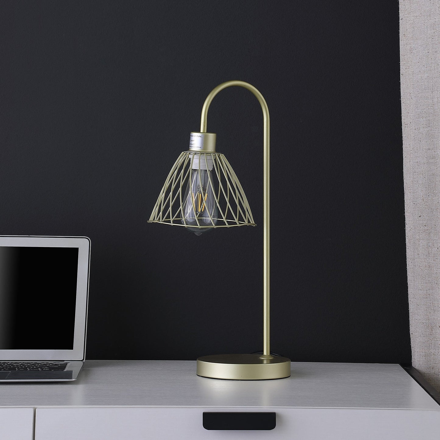HomeRoots 21” Industrial Cage Metal Table Lamp in Satin Gold Finish
