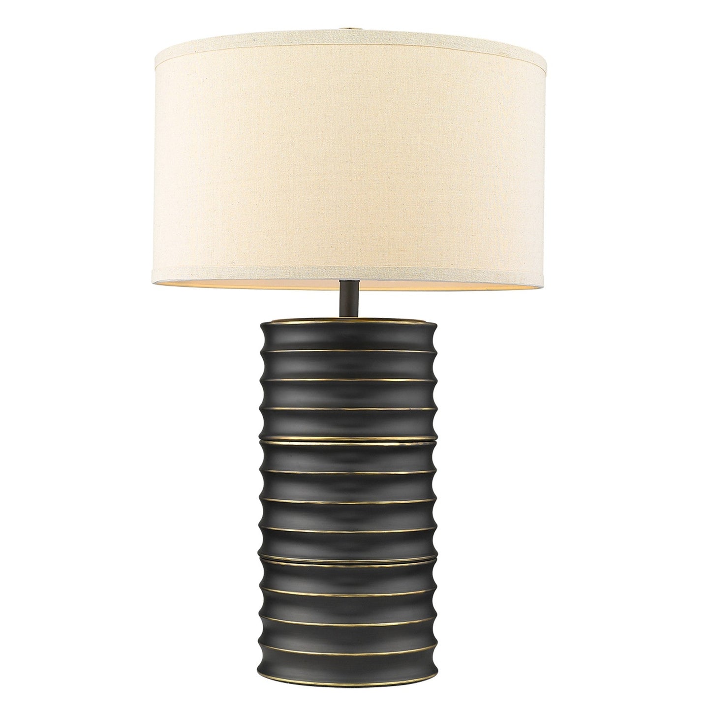 HomeRoots 29" Ceramic Column Table Lamp With Off White Drum Shade in Black Finish