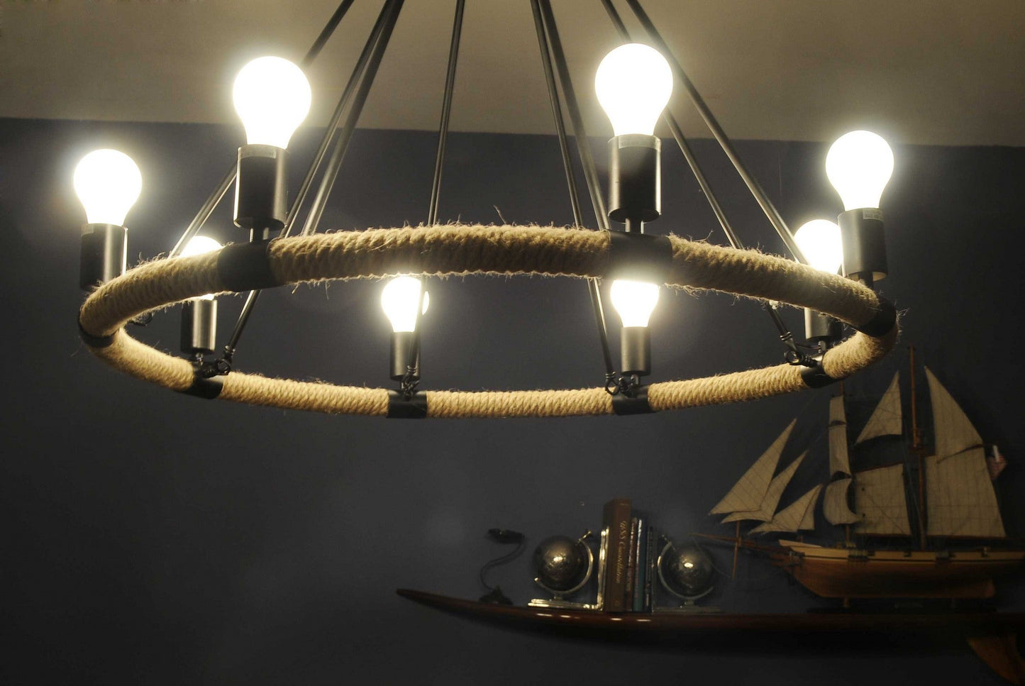 HomeRoots 32" x 37" x 32" 8 Bulbs Pendant Lamp With Rope Finish