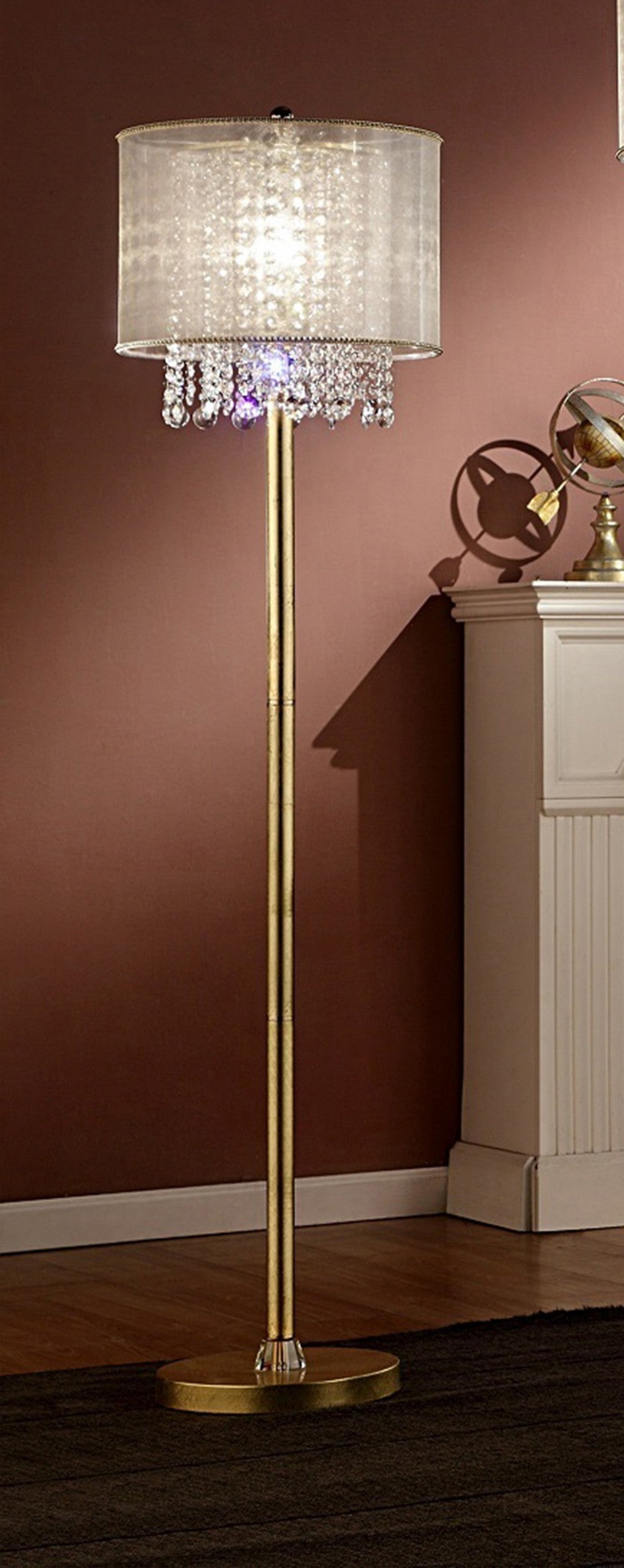 HomeRoots 65" Novelty Floor Lamp With White Drum Shade in Gold Finish