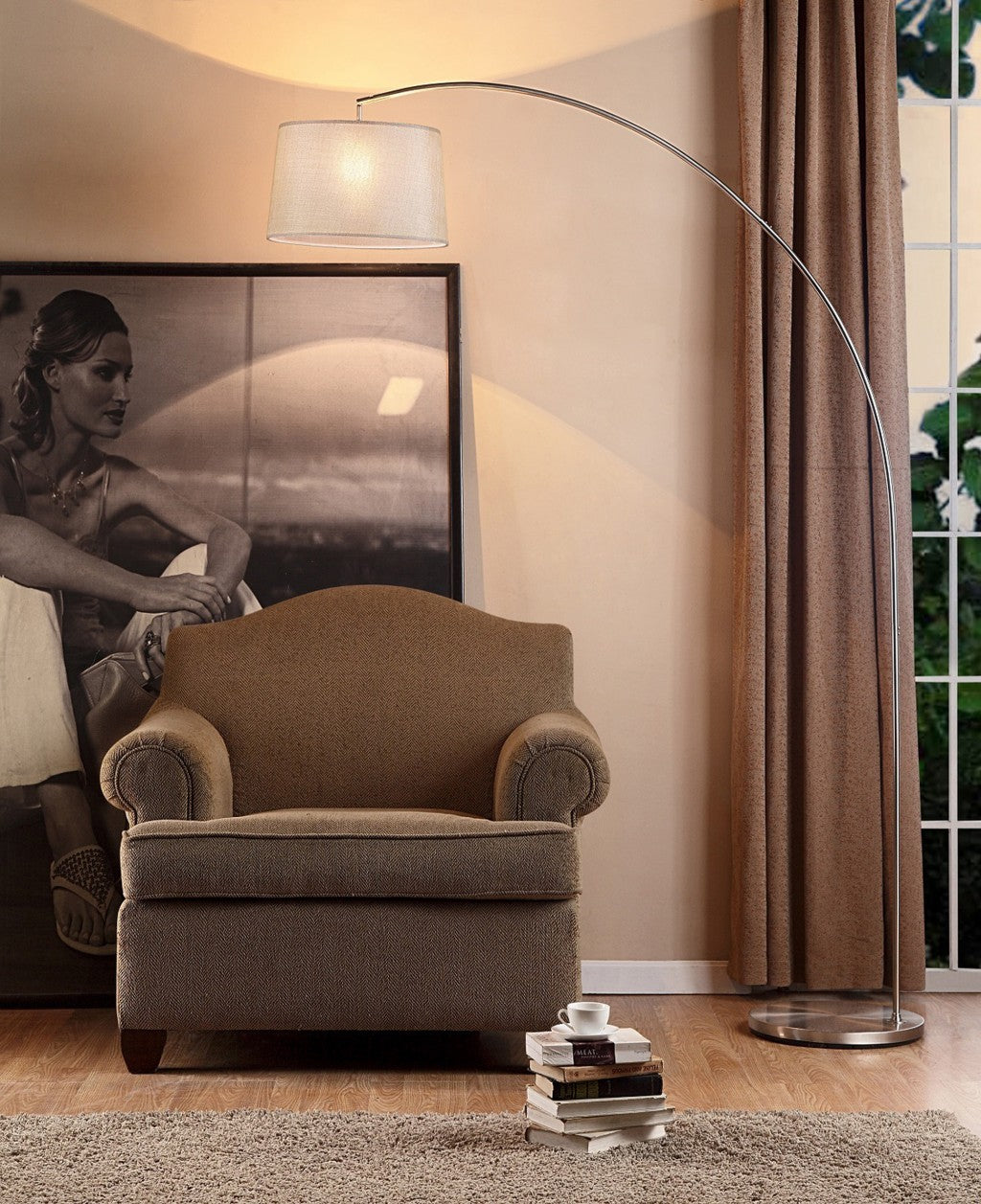 HomeRoots 85" Metal Arch Floor Lamp With Beige Fabric Shade in Silver Finish