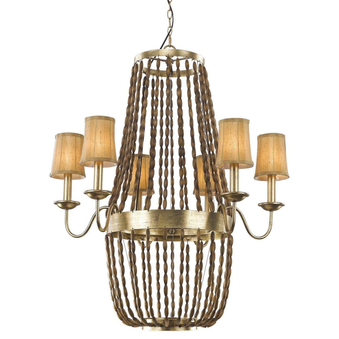 HomeRoots Anastasia 12-Light Antique Gold Leaf Chandelier With Wooden Beaded Chains And Gold Fabric Shades