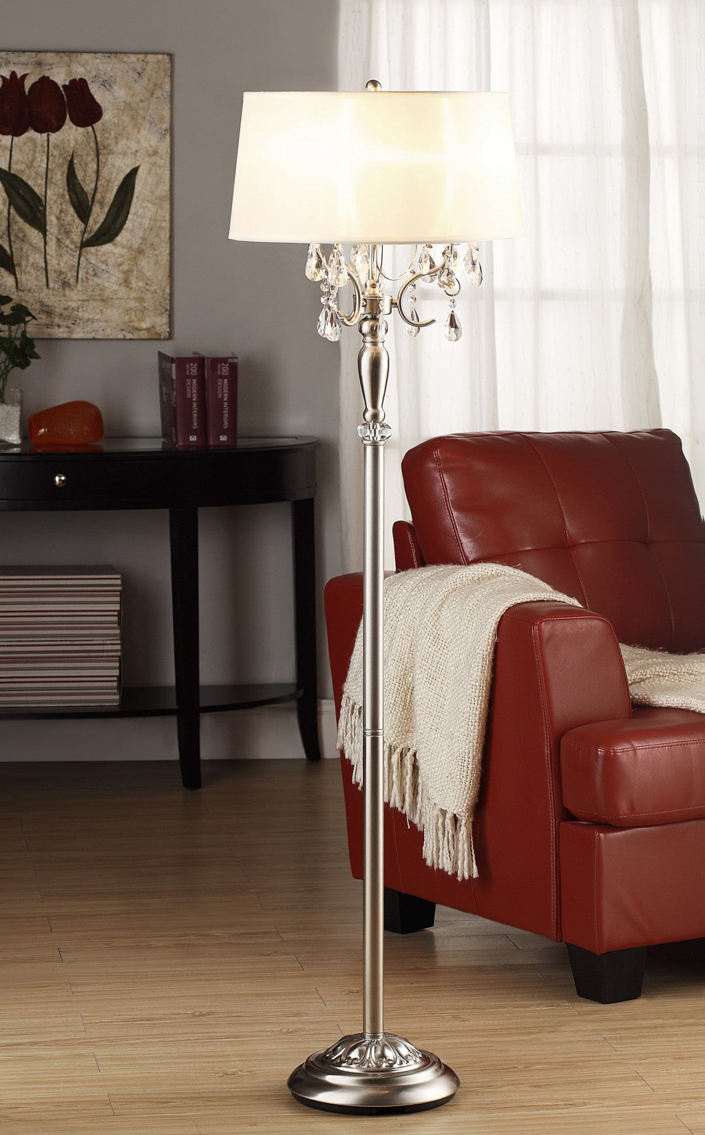 HomeRoots Glamorous Faux Crystal Candleabra Metal Floor Lamp in Silver Finish