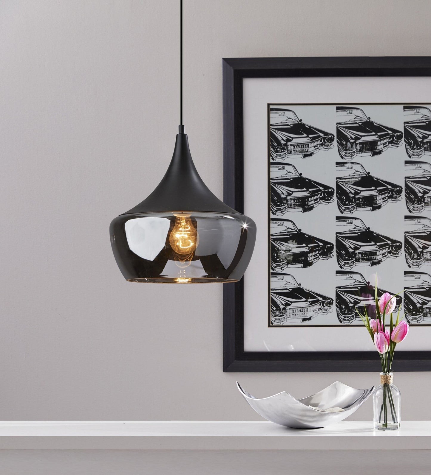 HomeRoots Gnome Smoked Glass Pendant Lamp With Black Metal Finish