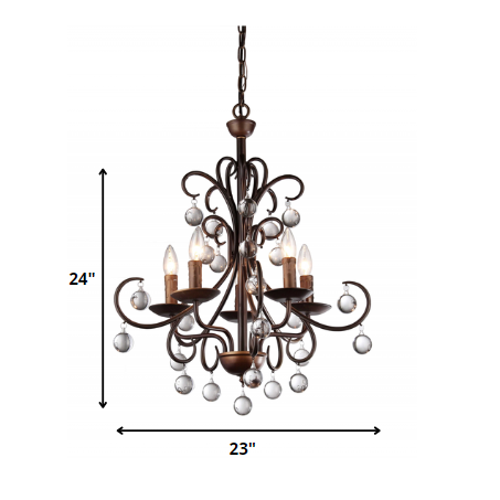 HomeRoots Grace Antique Bronze And Crystal Drop Curved 5-Light Chandelier