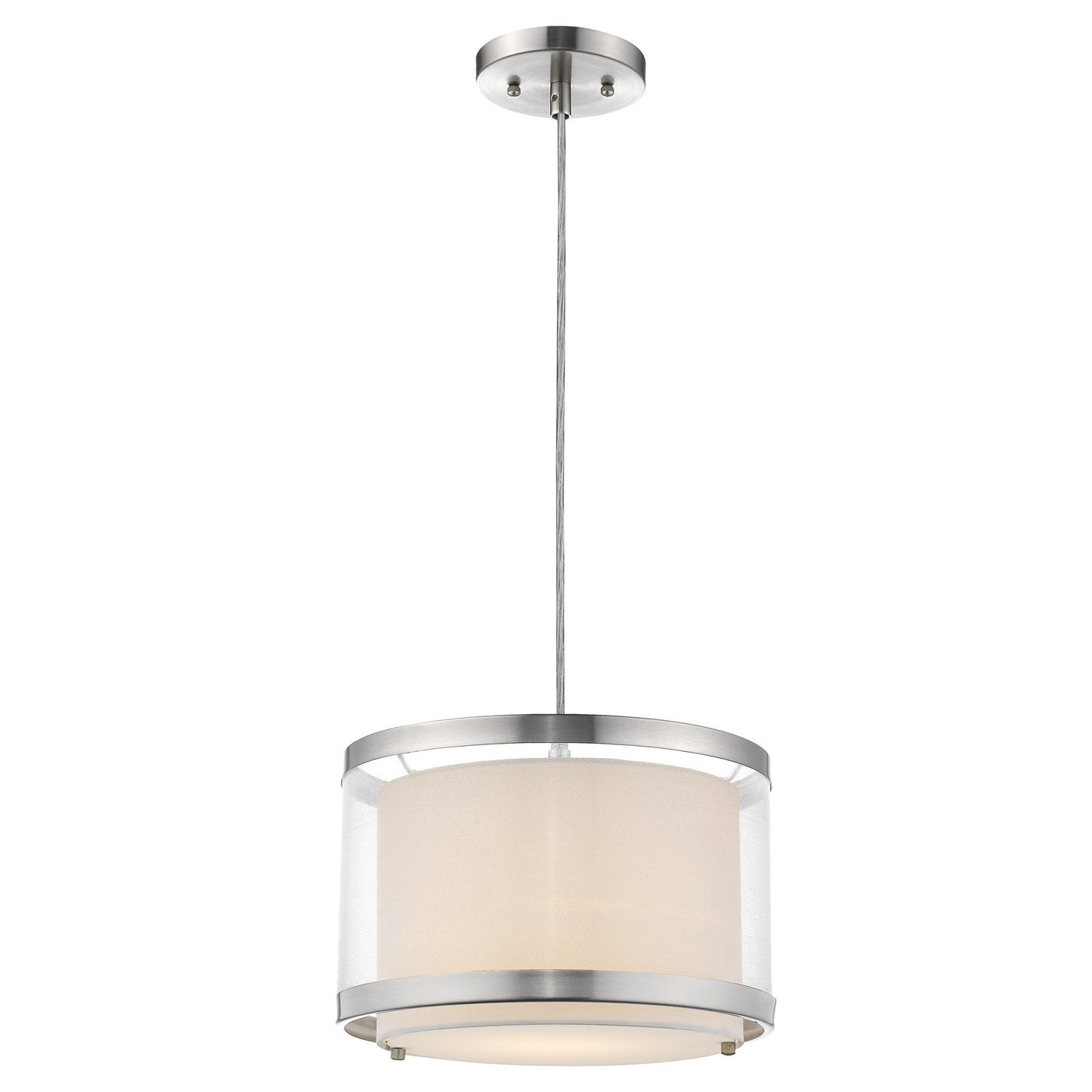HomeRoots Lux 1-Light Pendant With Metal Trimmed Sheer Snow Shantung Two Tier Shade and Brushed Nickel Finish