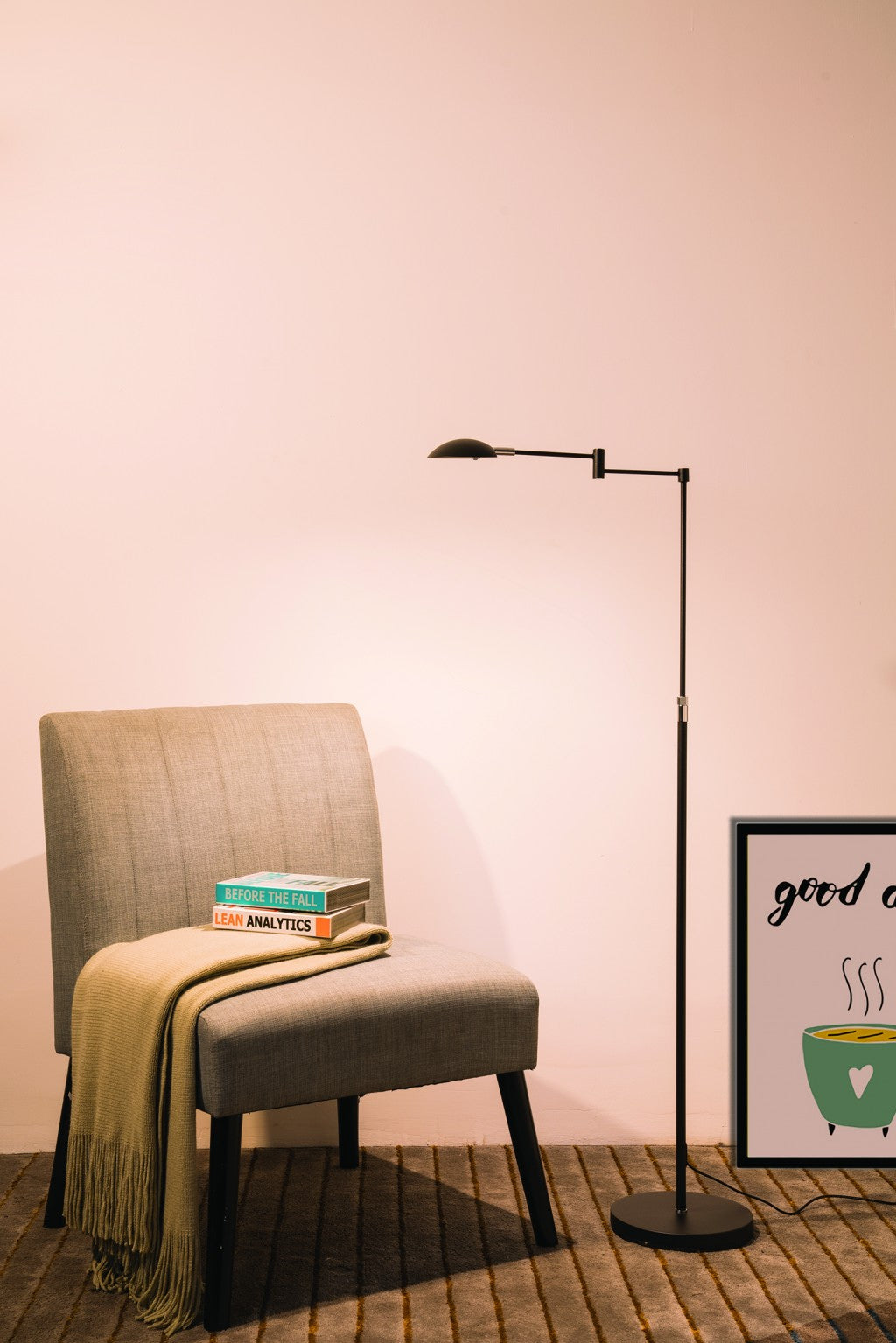 HomeRoots Minimalist Swing Arm Floor Lamp in Black Metal Finish