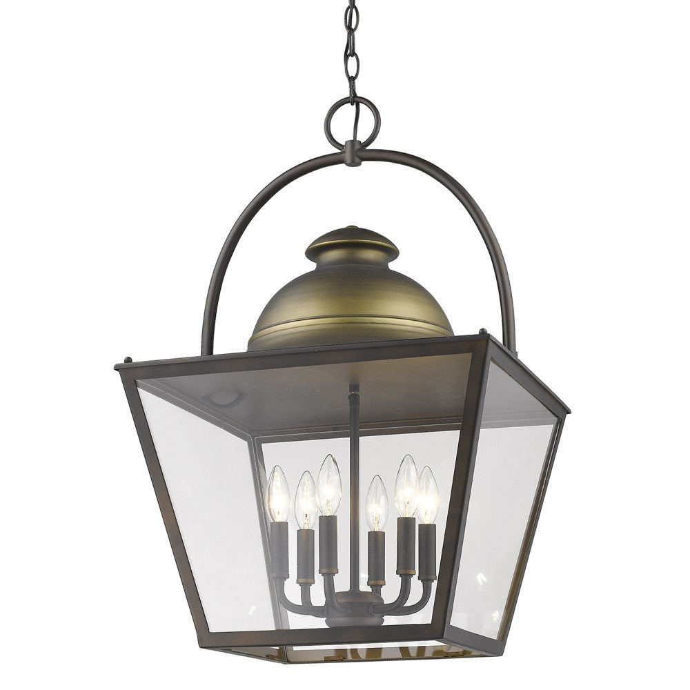 HomeRoots Savannah 6-Light Foyer Pendant With Raw Brass Accents And Clear Glass Panes in Oil-Rubbed Bronze Finish