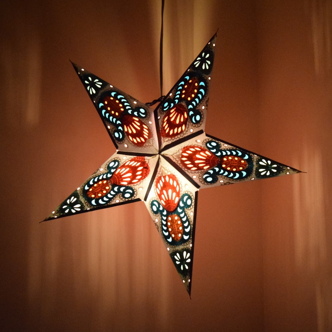 Hometown Evolution Peacock Paper Star Blue Outdoor Lantern with Cord