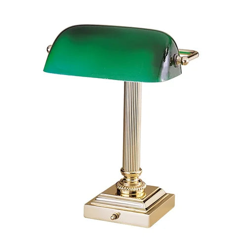 House of Troy Shelburne Bankers Polished Brass & Green Glass Desk Lamp
