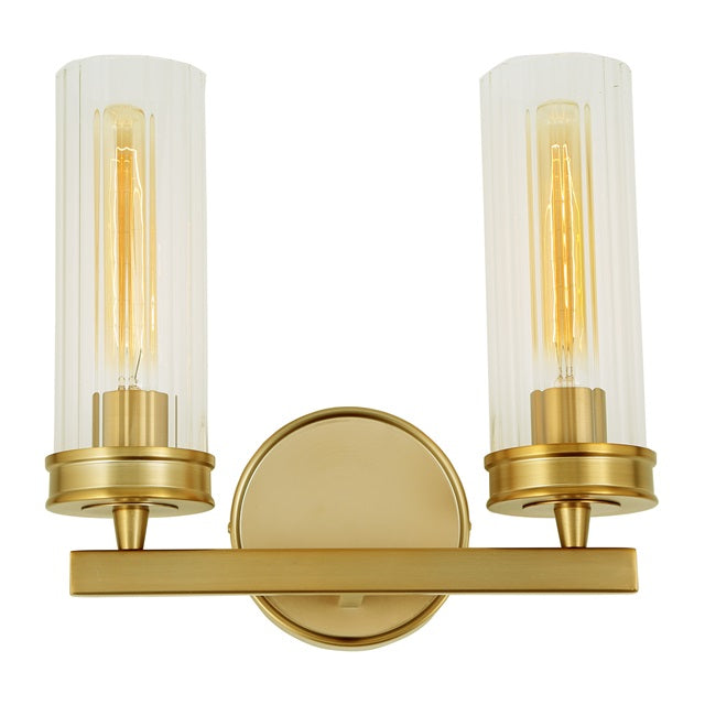 JVI Designs Hamilton Satin Brass 2-Light Wall Sconce With Cylinder-Shaped Ribbed Glass Shade