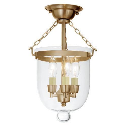 JVI Designs Hundi Satin Brass Small Semi-Flush Mount Lantern With Clear Bell Jar Glass