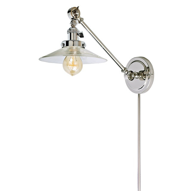 JVI Designs Soho Ashbury Polished Nickel 1-Light Double Swivel Wall Sconce With Cone-Shaped Clear Glass Shade