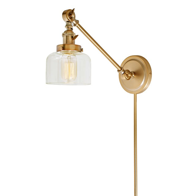 JVI Designs Soho Shyra Satin Brass 1-Light Double Swivel Wall Sconce With Bell-Shaped Clear Glass Shade