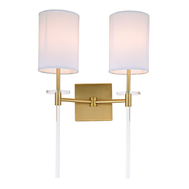 JVI Designs Sutton Satin Brass 2-Light Wall Sconce With Cylinder-Shaped White Fabric Shade