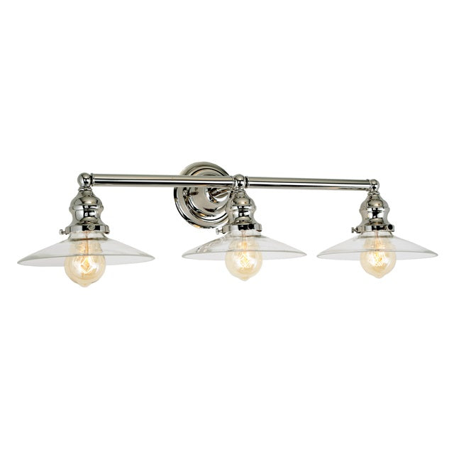 JVI Designs Union Square Ashbury Polished Nickel 3-Light Wall Sconce With Cone-Shaped Clear Glass Shade